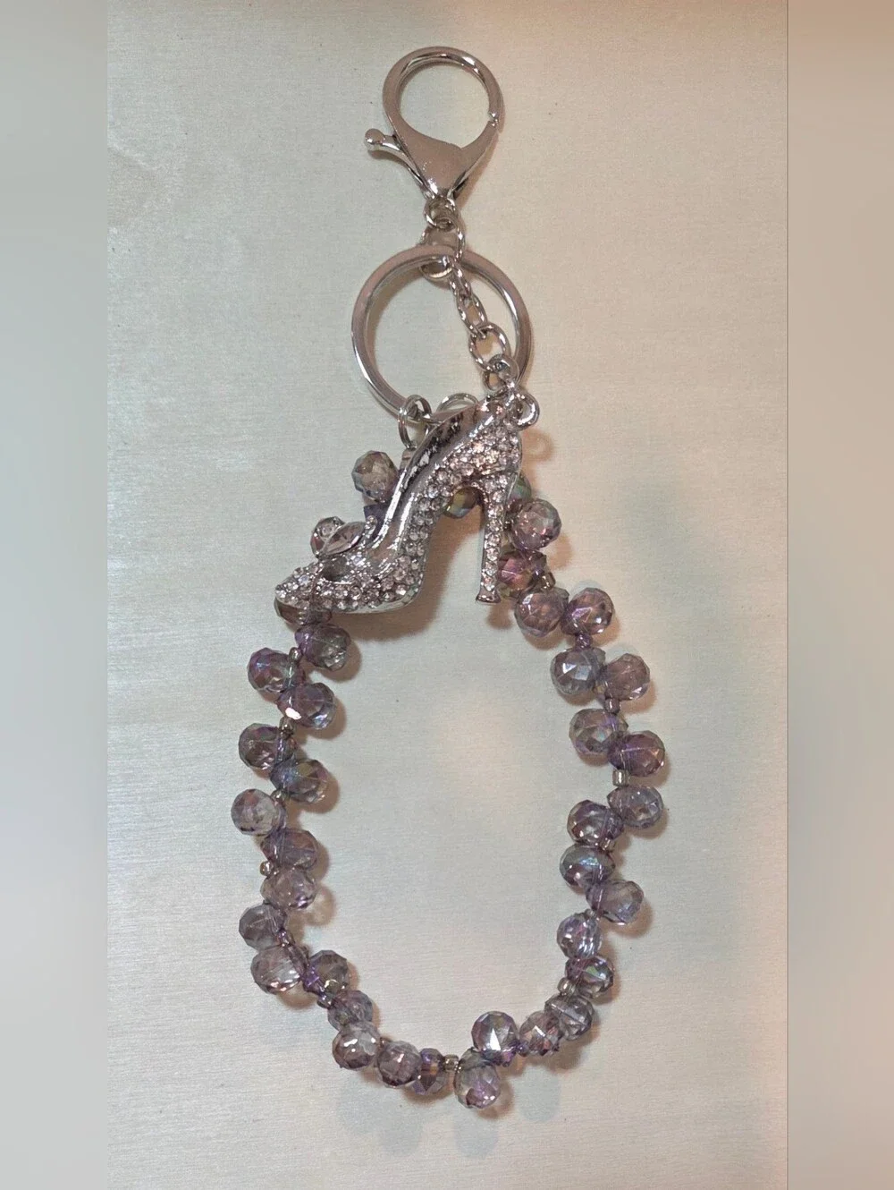 💎 NEW Cinderella Crystal Stiletto Rhinestone Keychain Smokey Bead Purse Charm